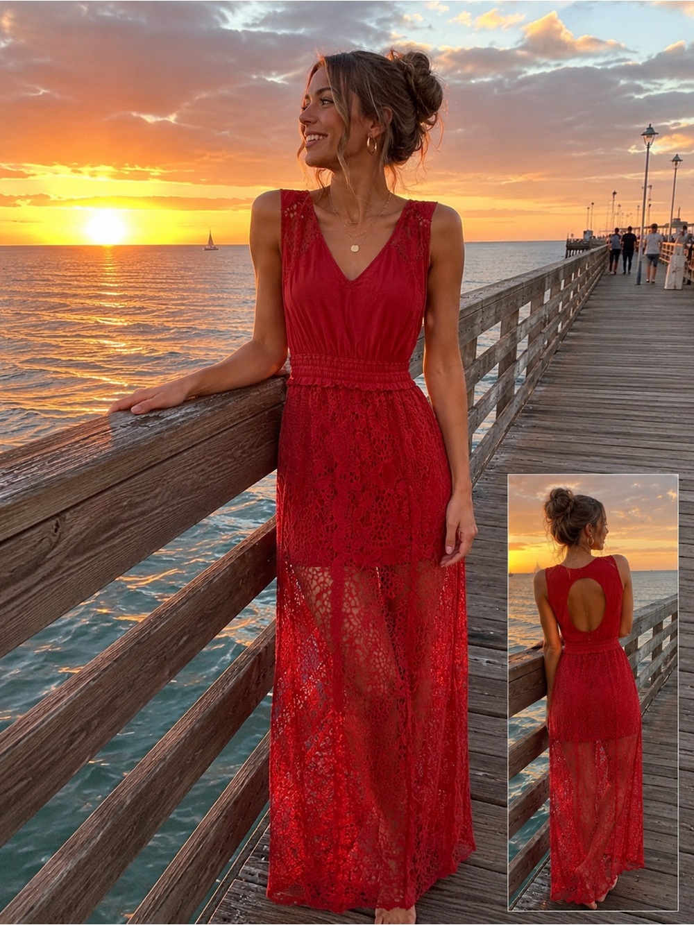 Elegant Red Lace Maxi Dress with Open Back